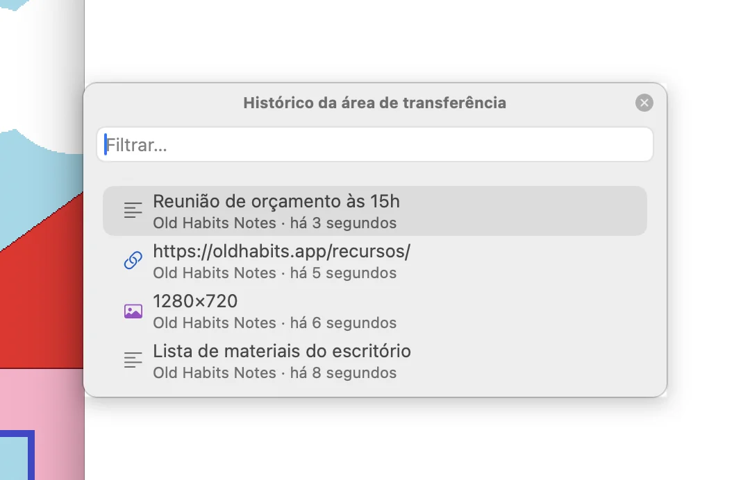 Histórico da área de transferência com um texto, um endereço web, uma imagem e outro texto.