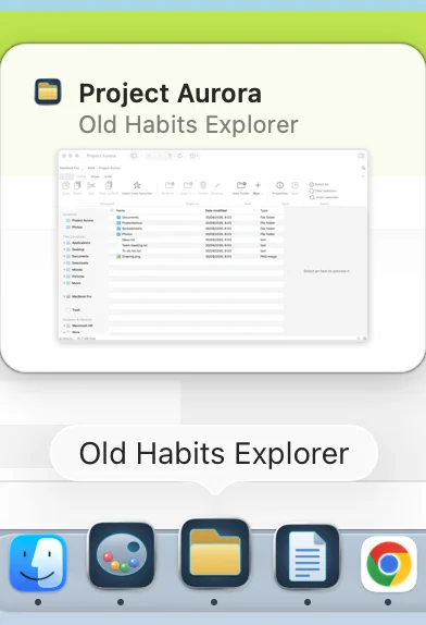 Thumbnail of the Old Habits Explorer window above its Dock icon.