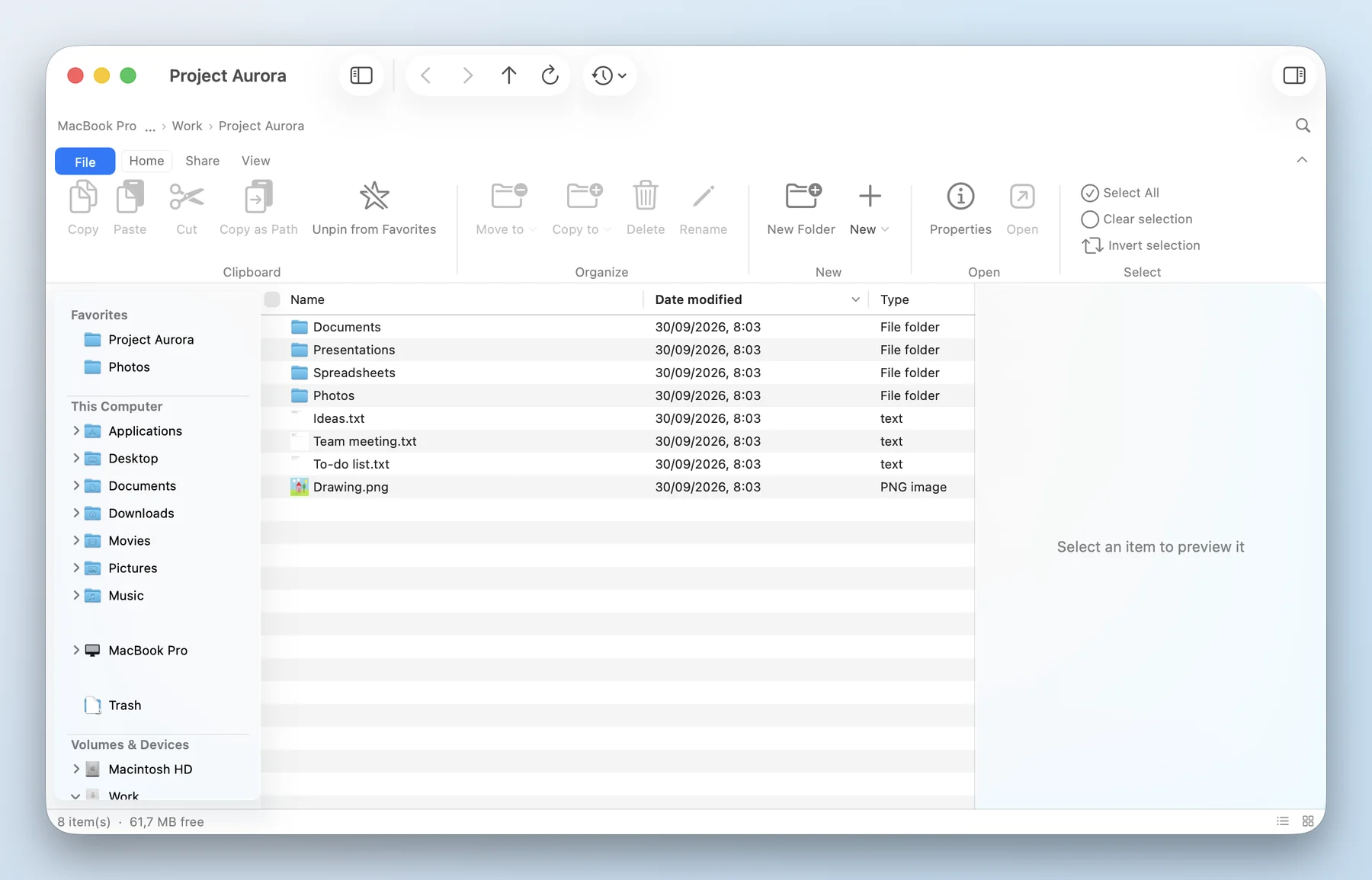 Old Habits Explorer with the folder tree, the address bar and the Ribbon, showing the Project Aurora folder in Details view.