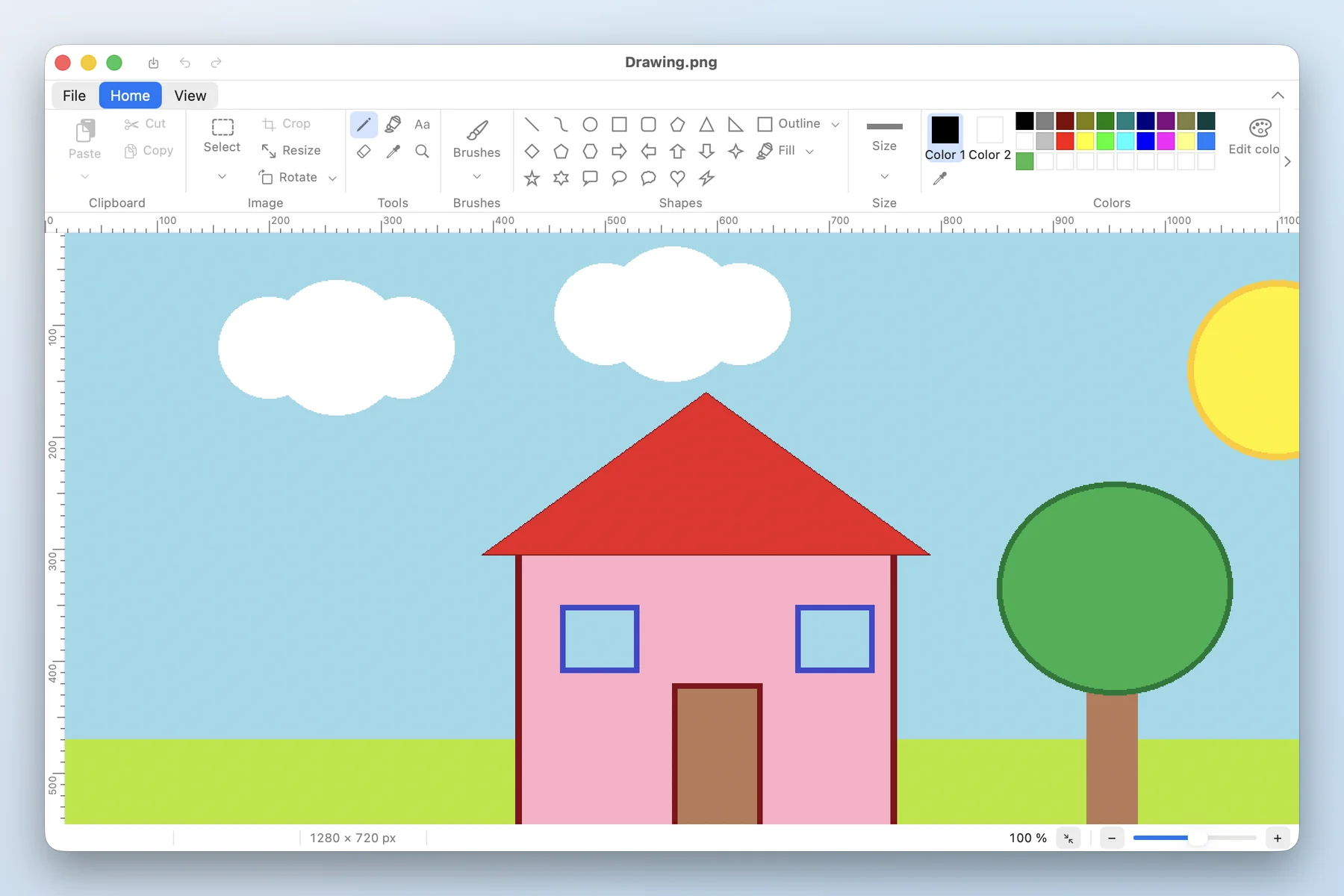 Old Habits Paint with the Ribbon, the color palette and a drawing of a house, a tree and the sun.