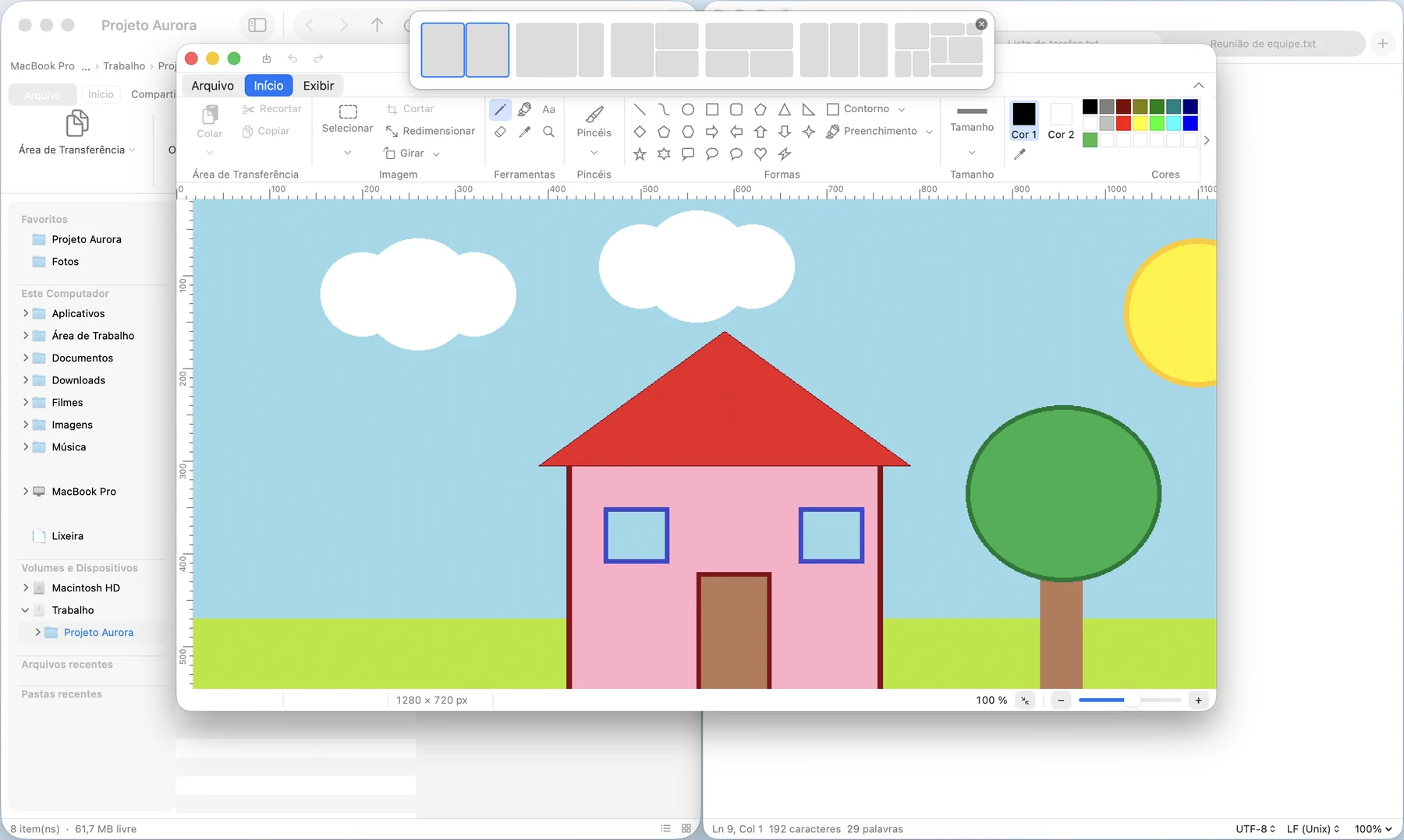 Painel de layouts do Snap aberto no topo da tela, com seis formas de dividir as janelas.