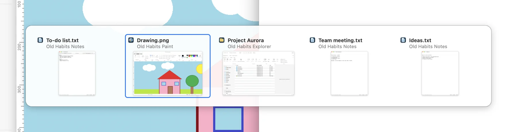 Switcher open with ⌘Tab, showing a thumbnail for each open window.